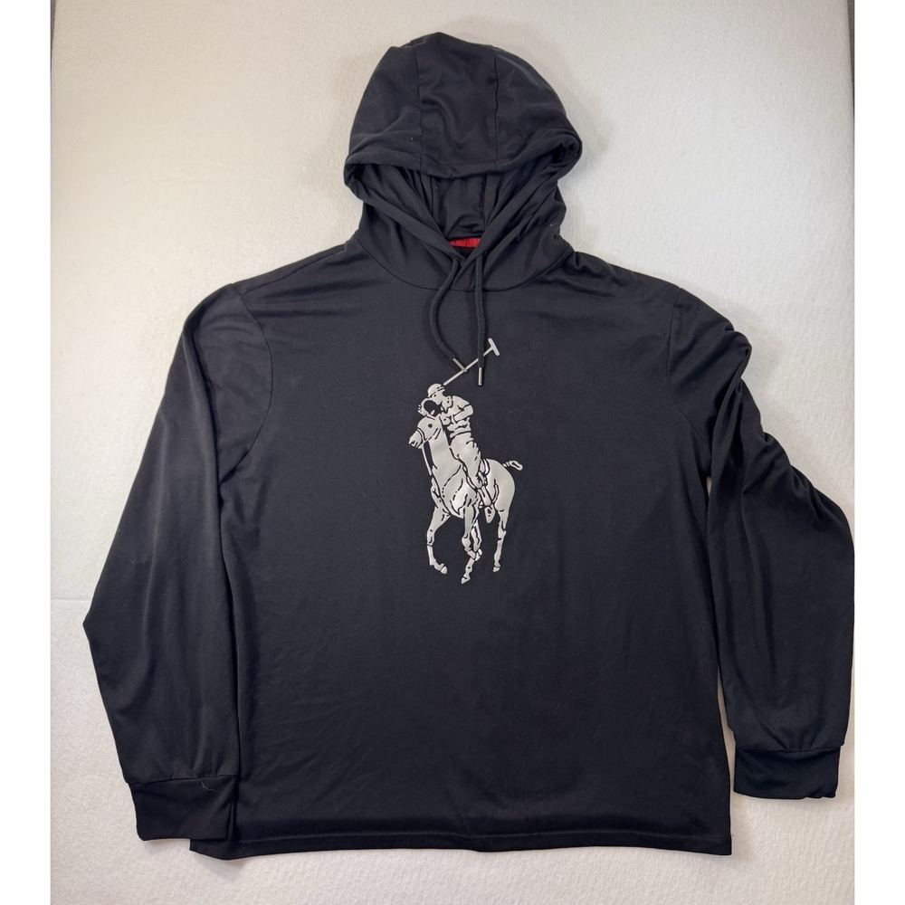 Polo Ralph Lauren Hoodie Mens Large Black Big Pony Pullover Sweatshirt Graphic